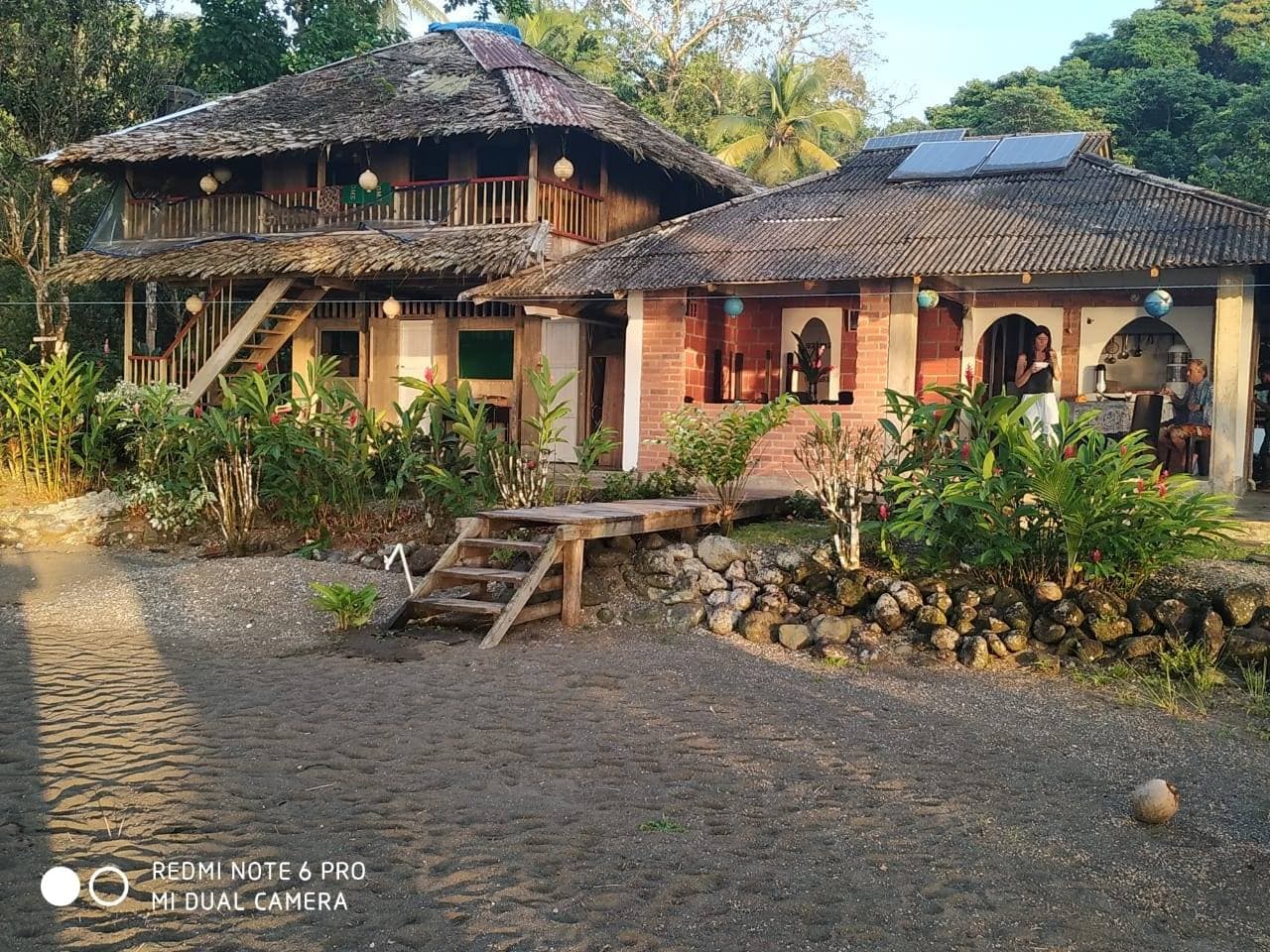 Entrada a las cabañas con arena y vegetación tropical