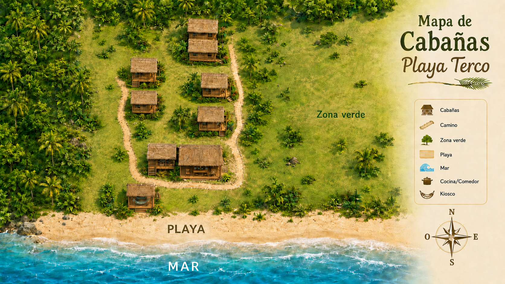 Mapa de Playa Terco, playa, senderos y cabañas